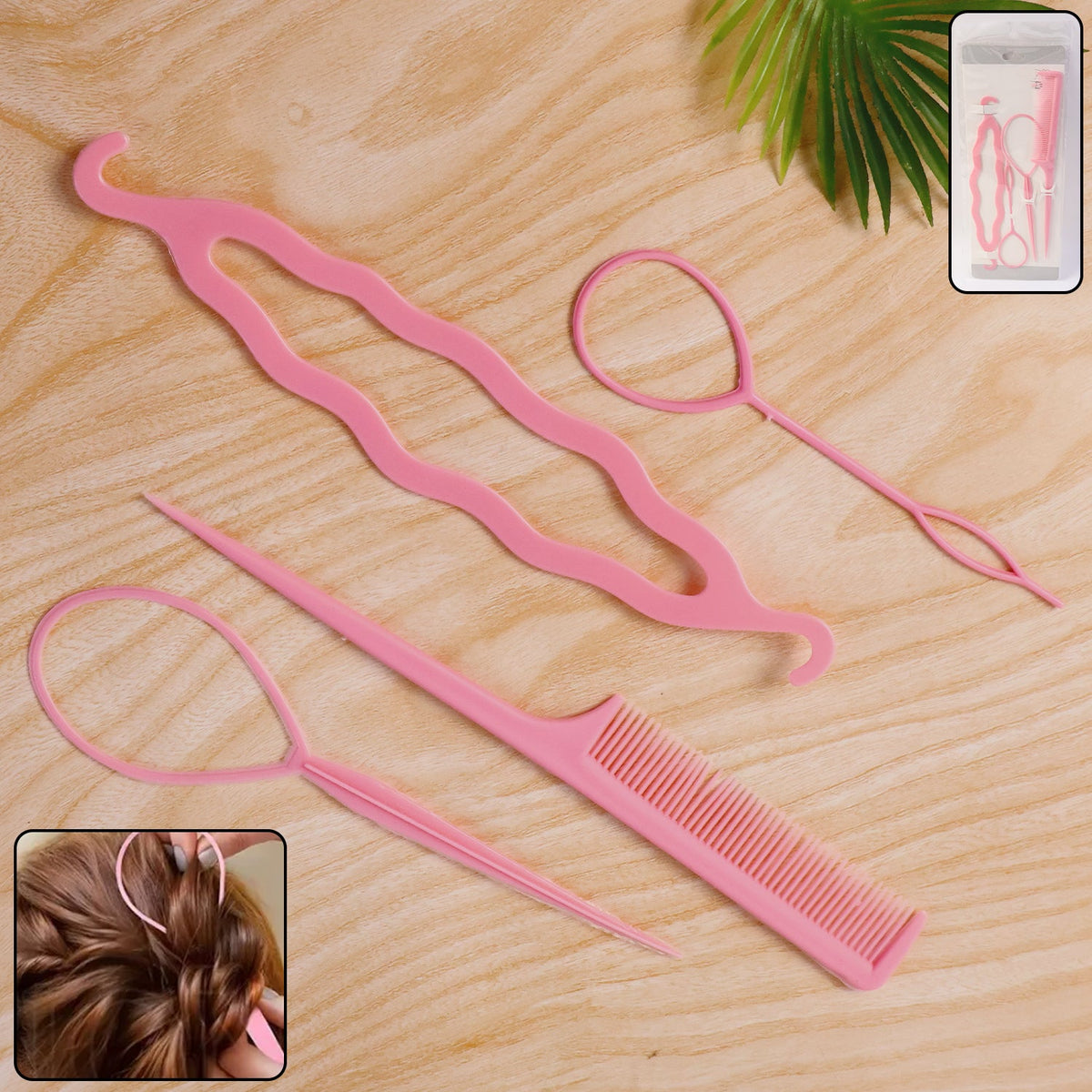 A set of four pink plastic hair styling tools, including a comb and various shapers, are arranged on a wooden surface.