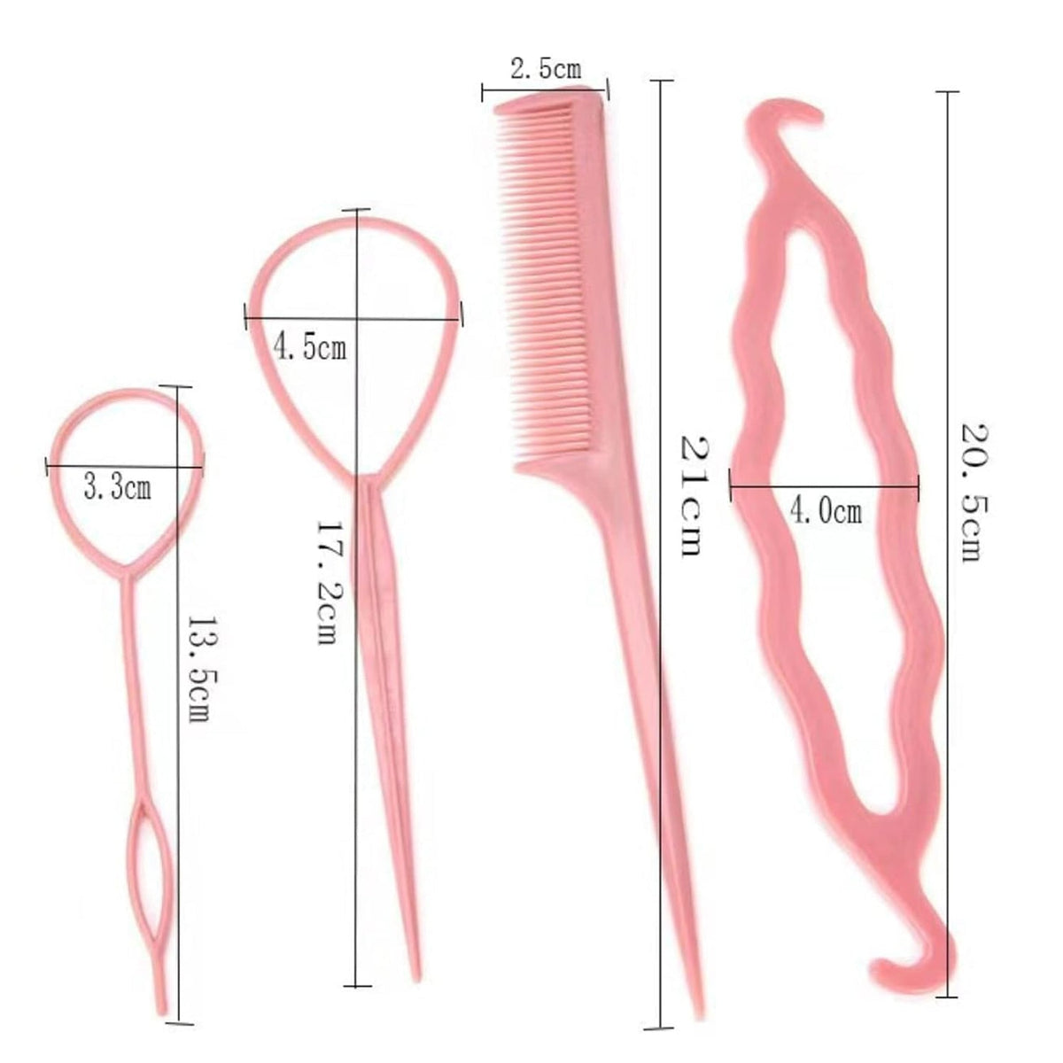 Four pink plastic hair styling tools are displayed on a white background with their dimensions in centimeters.