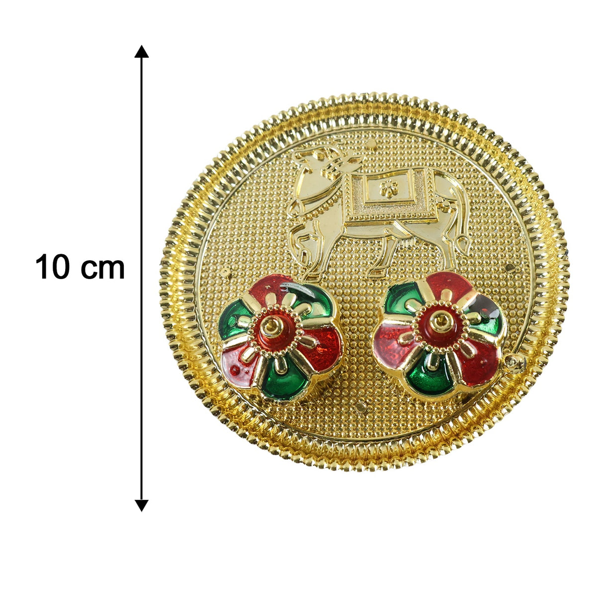 A golden pooja thali with an embossed cow design and two colorful flower-shaped lids, with a measurement indicating 10 cm in