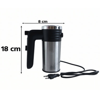 A black and silver electric hand mixer with its cord is shown with dimensions: 18 cm tall and 8 cm wide.