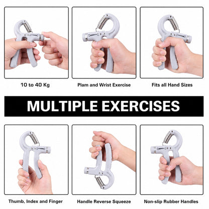 A grid of six images shows different ways to hold and use the gray grip strength trainer for various exercises.