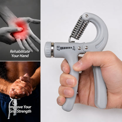 A hand holds a gray adjustable grip strength trainer, with insets showing hand pain and a person clapping.