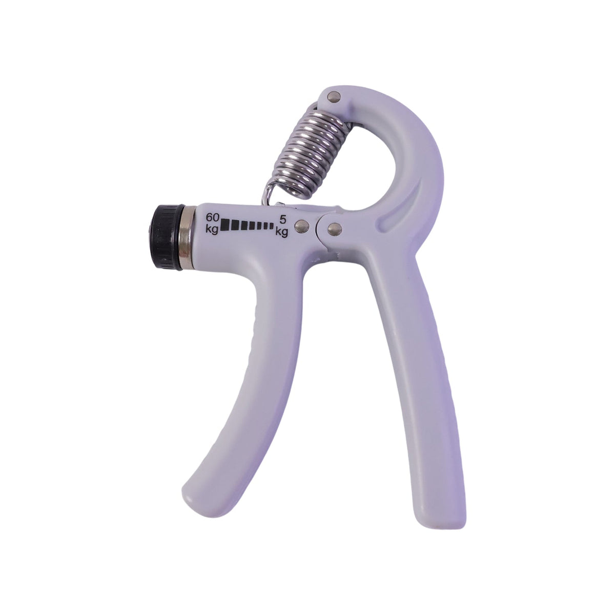 A gray adjustable grip strength trainer with a metal spring is shown on a plain white background.