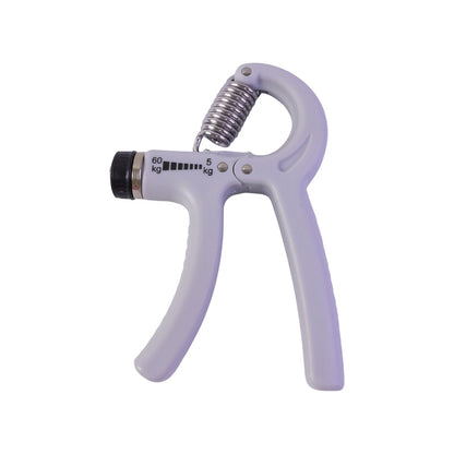 A gray adjustable grip strength trainer with a metal spring is shown on a plain white background.