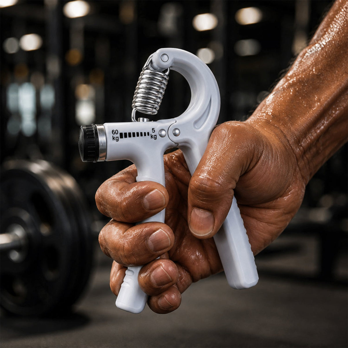 A person's hand firmly grips a white adjustable grip strength trainer in a gym, with a blurred barbell in the background.
