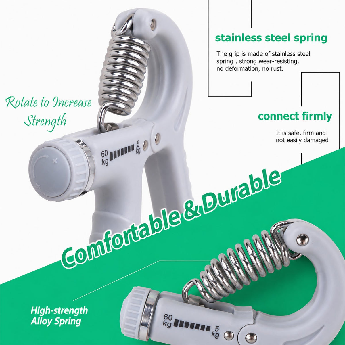 Close-up views of the white grip strength trainer highlighting its stainless steel spring and connection points.