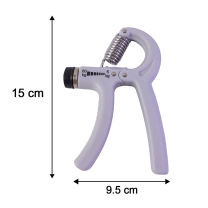 A gray adjustable grip strength trainer with a metal spring is shown with dimensions of 15 cm length and 9.5 cm width.