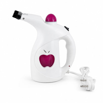 A white and pink handheld steamer with an apple logo, brush head, and power cord on a white background.