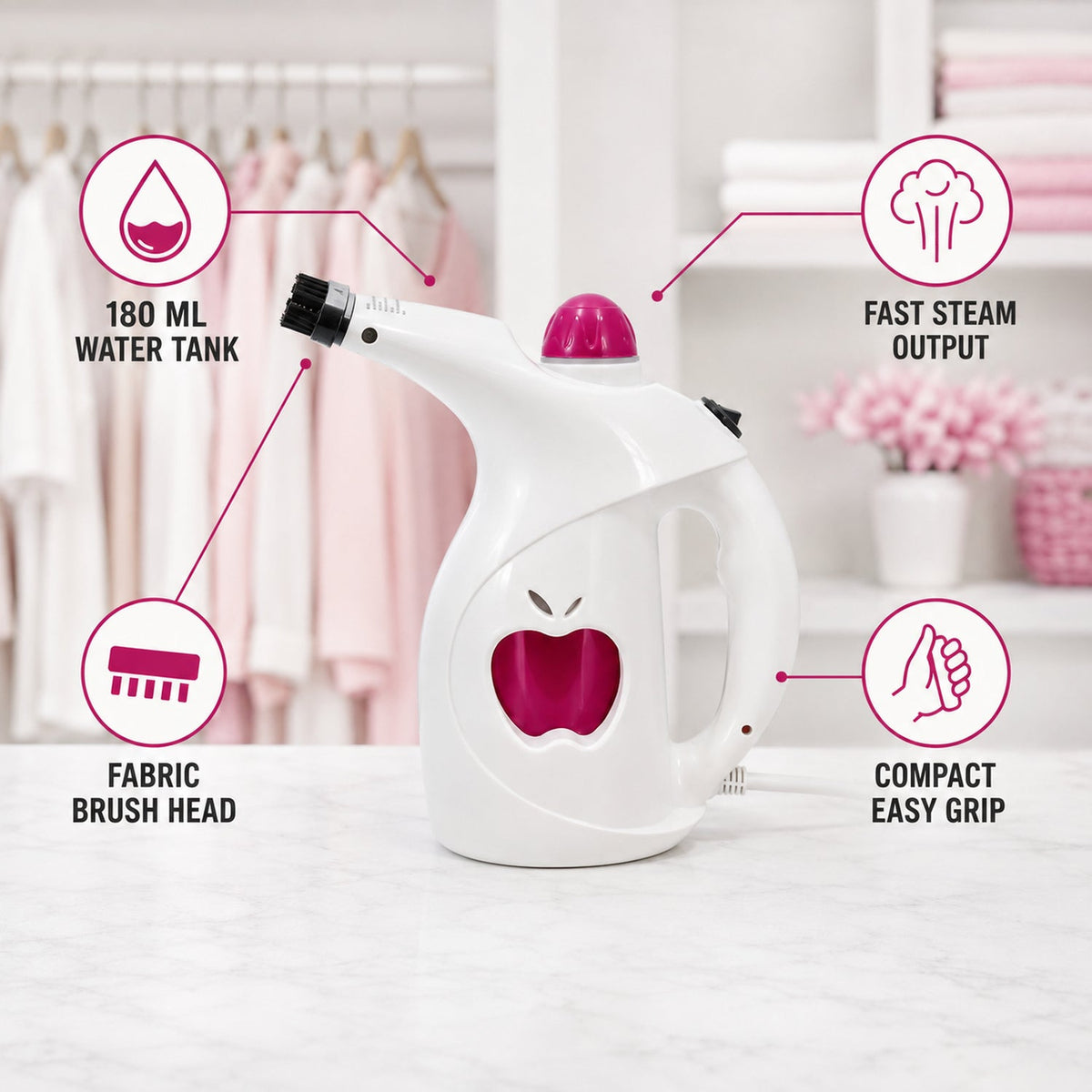 A white and pink handheld steamer with an apple logo, highlighting its 180ml water tank, fast steam output, fabric brush