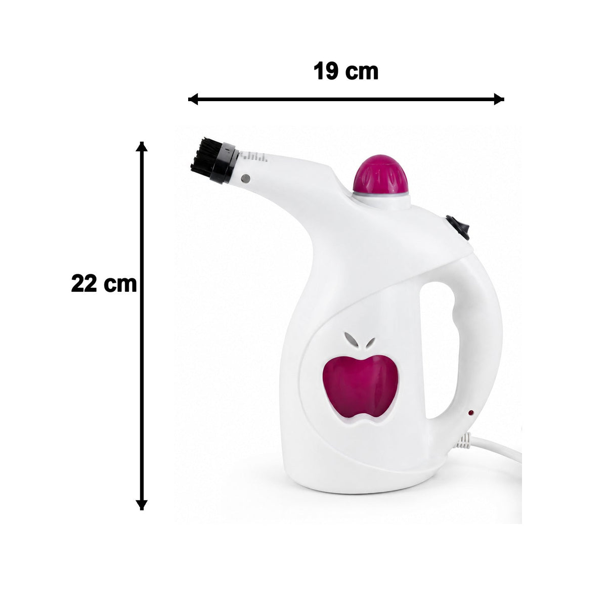 A white and pink handheld steamer with an apple logo, showing dimensions of 22 cm height and 19 cm width.