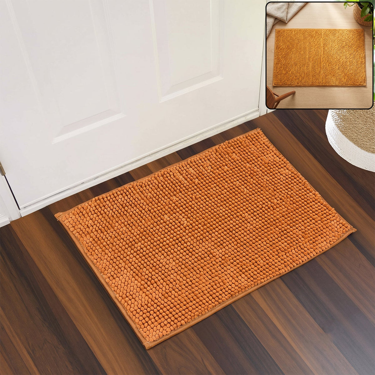 An orange bobble mat on a wooden floor, with a smaller inset image showing a similar mat's texture.