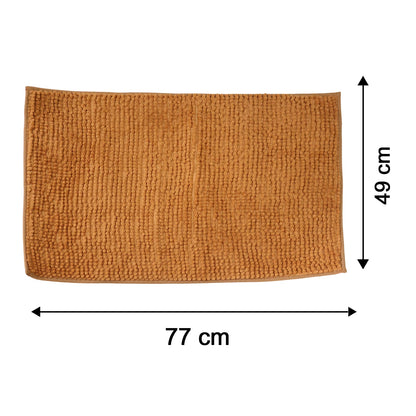 A flat, rectangular brown bobble mat is shown with arrows indicating its length of 77 cm and width of 49 cm.