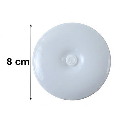 A white, round LED light with a central power button, showing a measurement of 8 cm in diameter