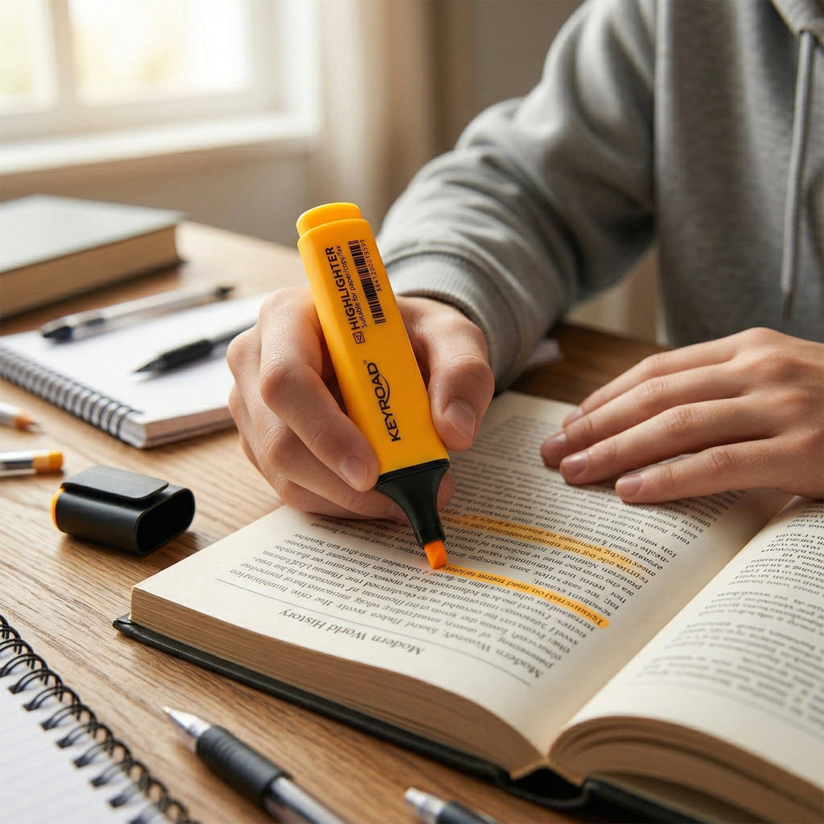 A person's hands highlight text in a book with an orange Keyroad Metallic highlighter, surrounded by other pens and