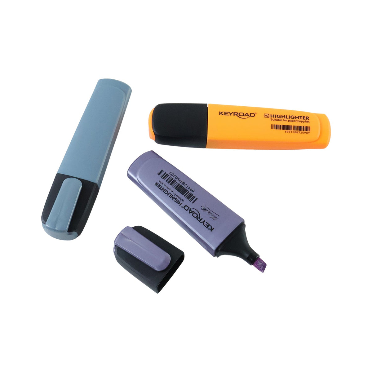 Three Keyroad Metallic highlighters in light blue, purple, and orange are scattered on a white background, with one cap off.