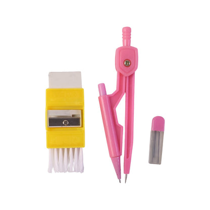 A pink compass, yellow eraser with brush, and lead refills arranged on a plain white background.