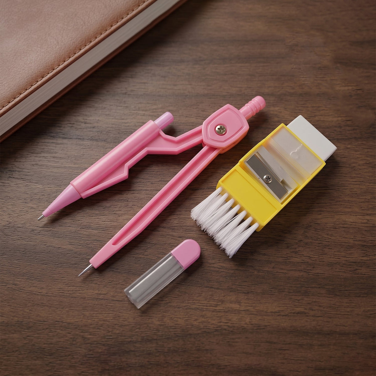 A pink compass, yellow eraser with brush, and lead refills neatly arranged on a dark wooden surface next to a brown notebook.