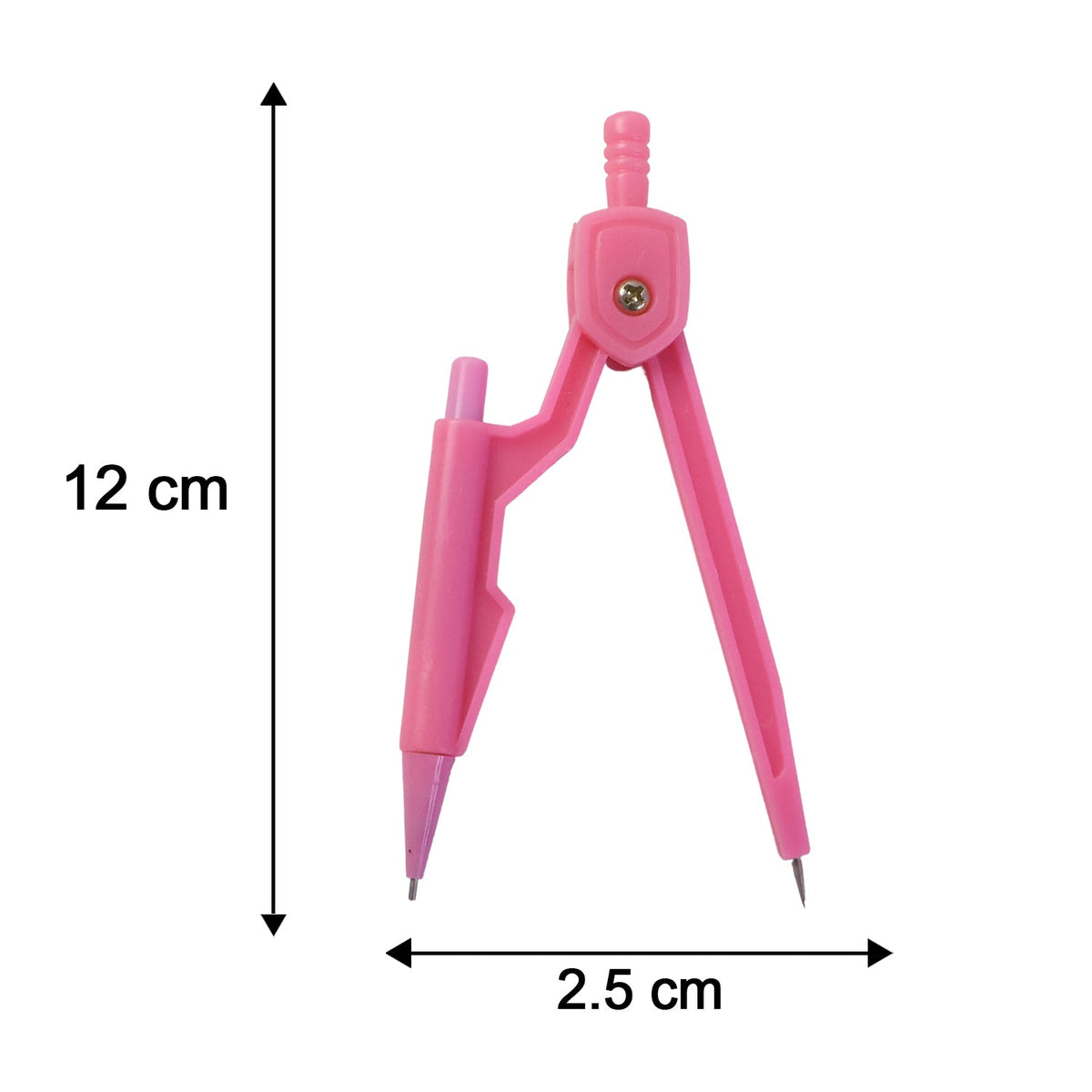 A pink compass with dimensions of 12 cm height and 2.5 cm width displayed on a white background.