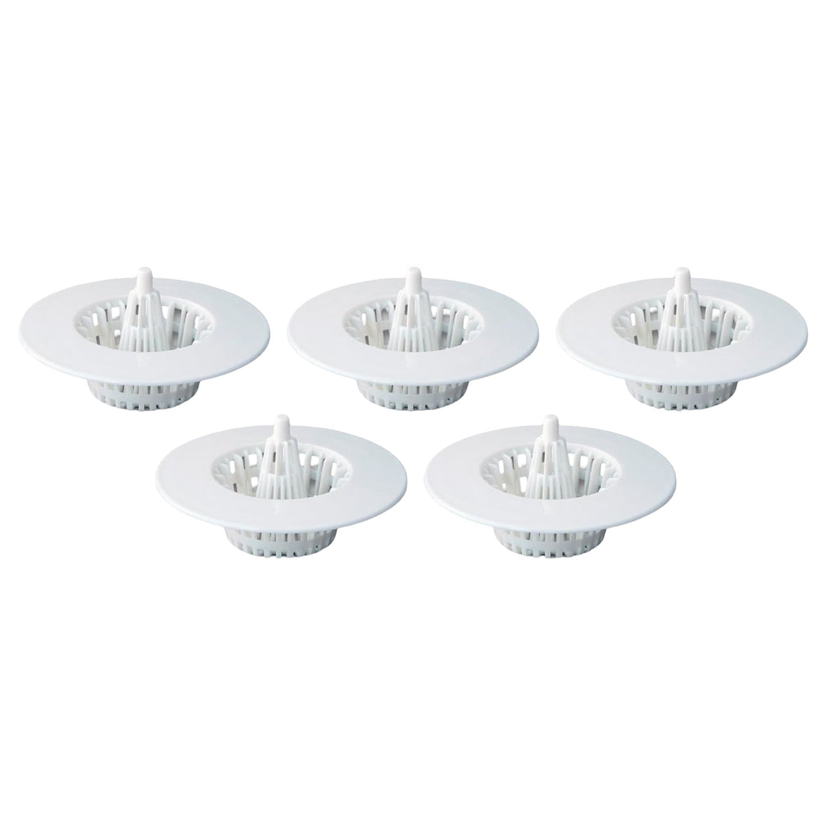 Five white plastic sink drain strainers are arranged in two rows on a white background.