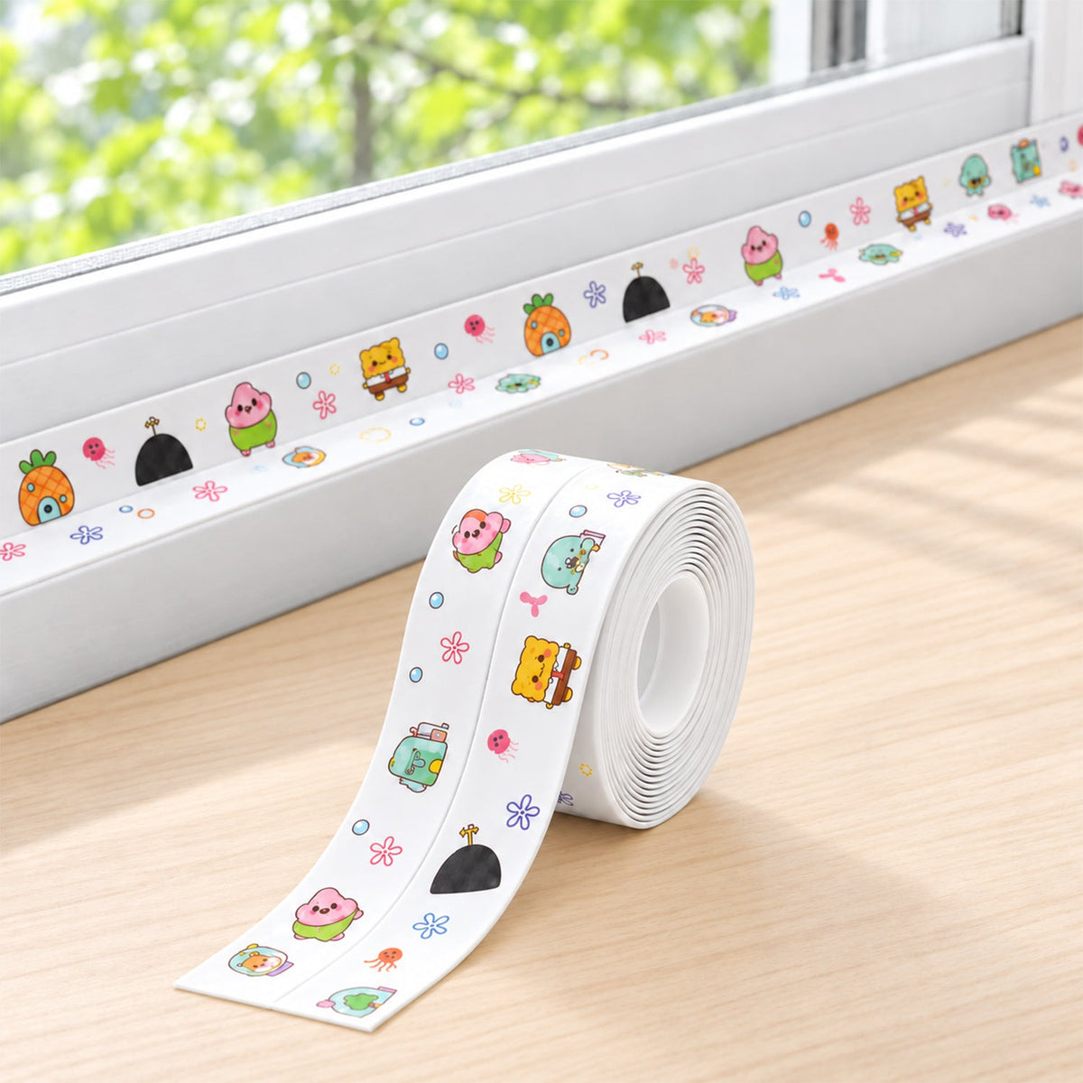 A roll of cartoon-printed sealing tape sits on a wooden windowsill, with the tape extending along the window frame.