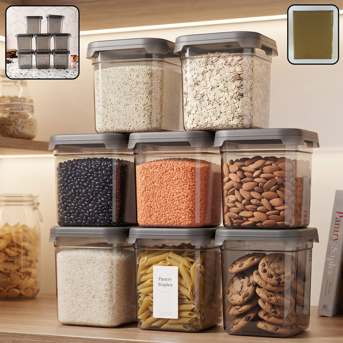 Eight clear plastic food storage containers with gray lids, filled with various dry goods, stacked on a wooden shelf.