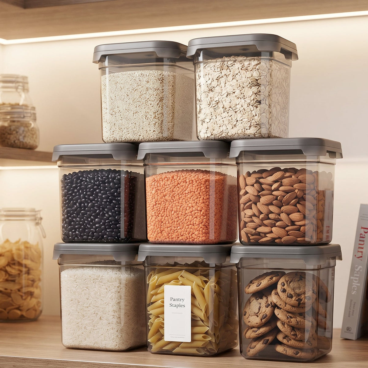 Eight clear plastic food storage containers with gray lids, filled with various dry goods, neatly arranged on a wooden