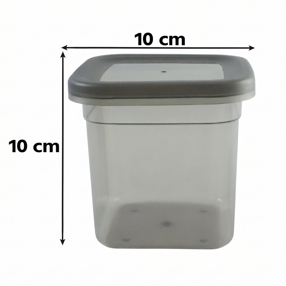 A single clear plastic food storage container with a gray lid, displaying its 10 cm height and width dimensions.