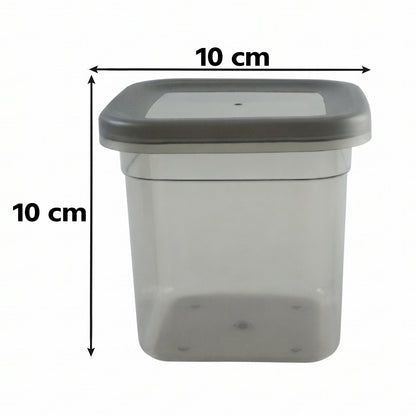 A single clear plastic food storage container with a gray lid, displaying its 10 cm height and width dimensions.