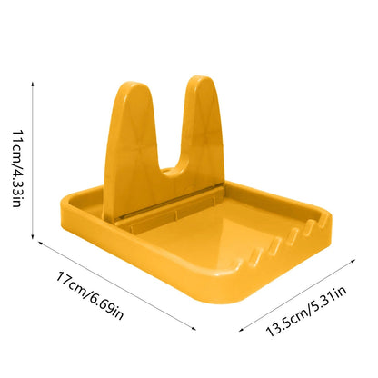 An empty yellow plastic lid and spoon rest with dimensions of 11cm, 17cm, and 13.5cm labeled on a white background.