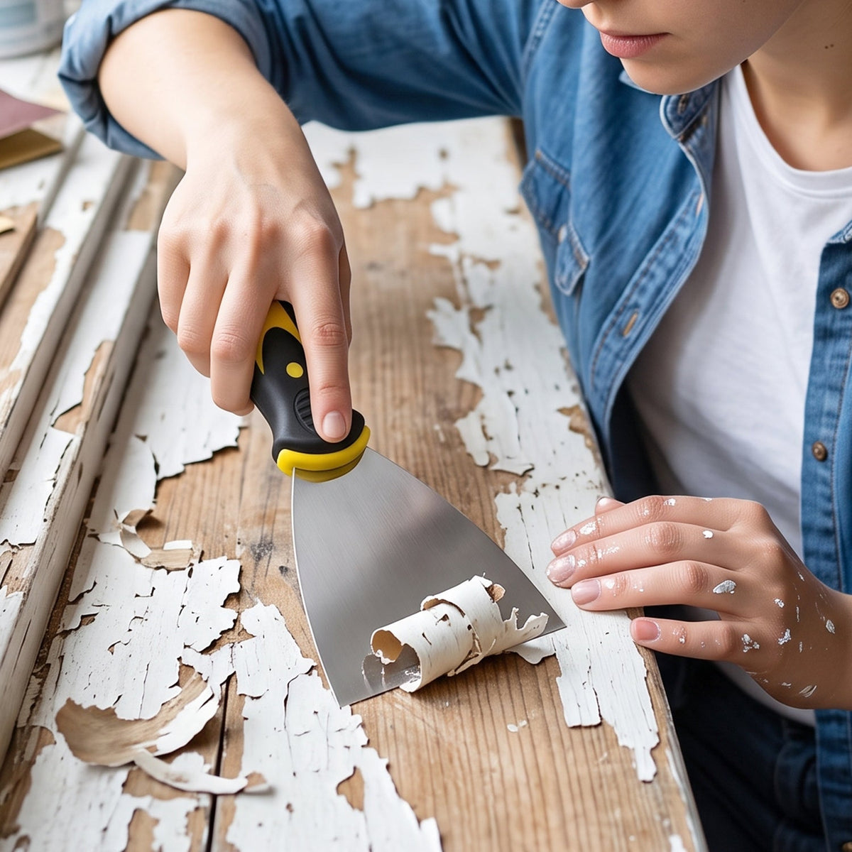 A person's hands using a black and yellow handled putty knife to scrape white peeling paint from a wooden surface.