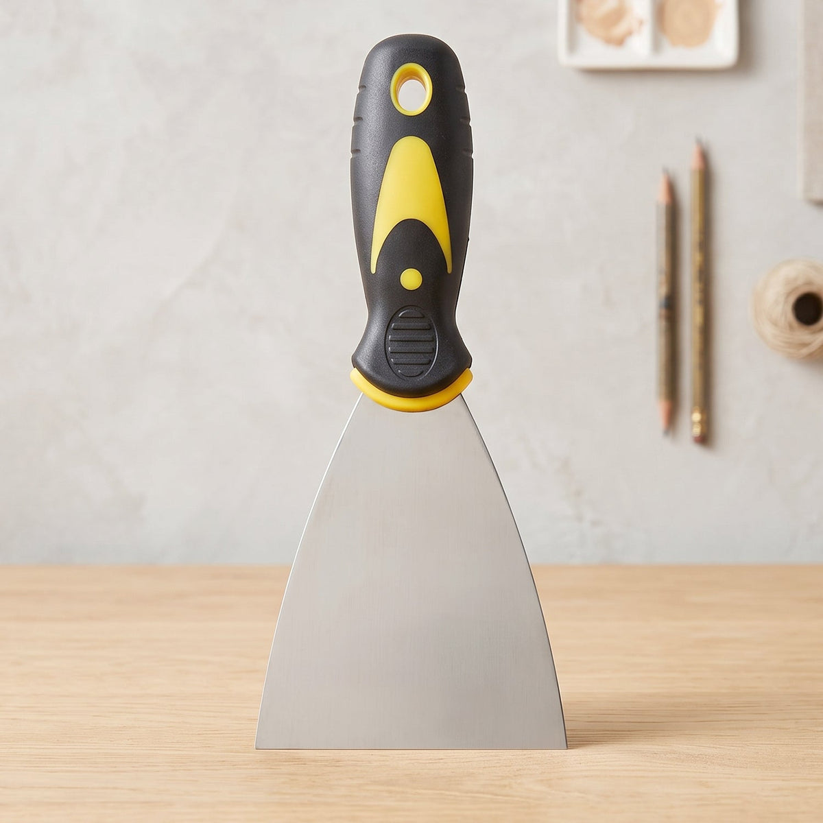 A stainless steel putty knife with a black and yellow handle stands upright on a light wooden surface with art supplies in