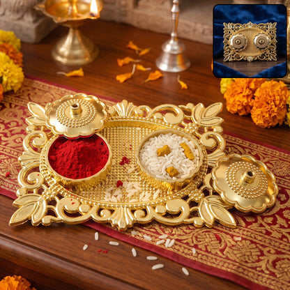 Golden Kankavati Kumkum Holder with Carved Frame and Lids