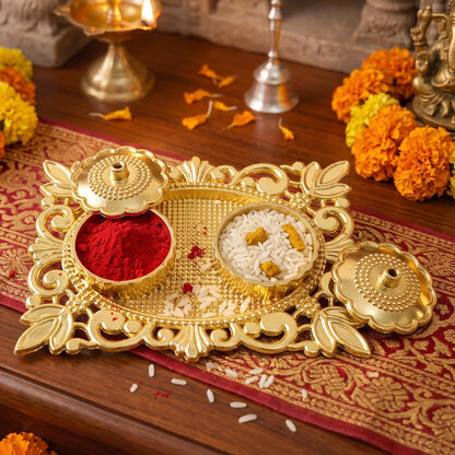 Golden Kankavati Kumkum Holder with Carved Frame and Lids