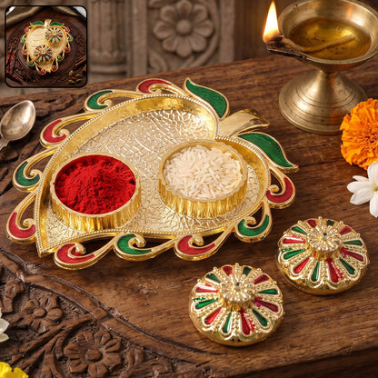 Leaf Shape Golden Kankavati Kumkum Holder with Enamel Lids