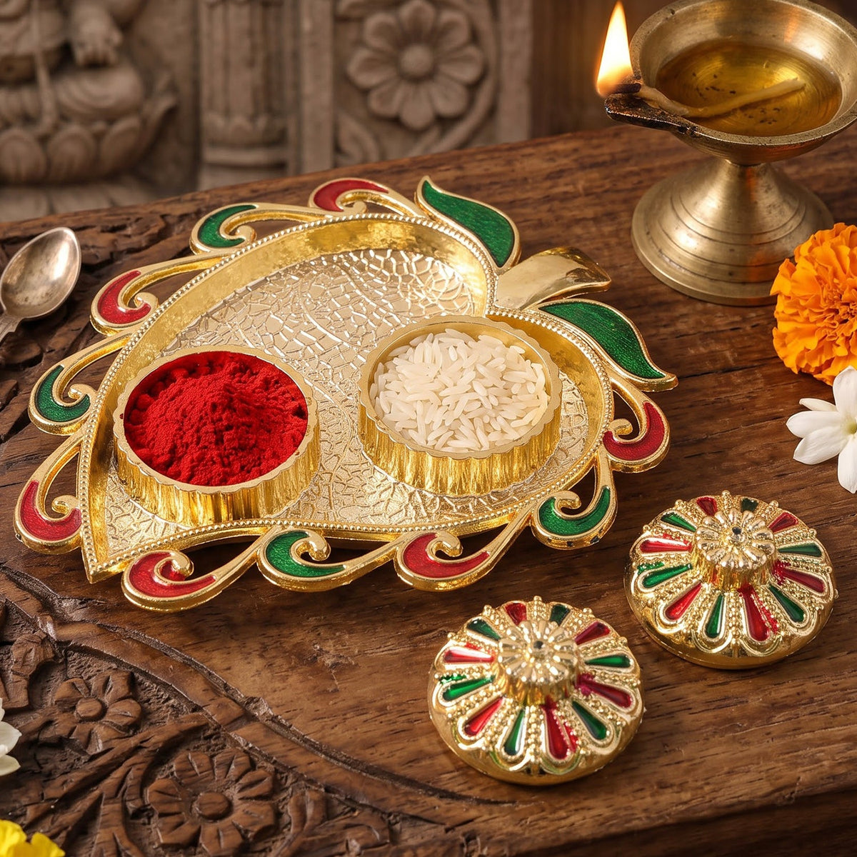 Leaf Shape Golden Kankavati Kumkum Holder with Enamel Lids