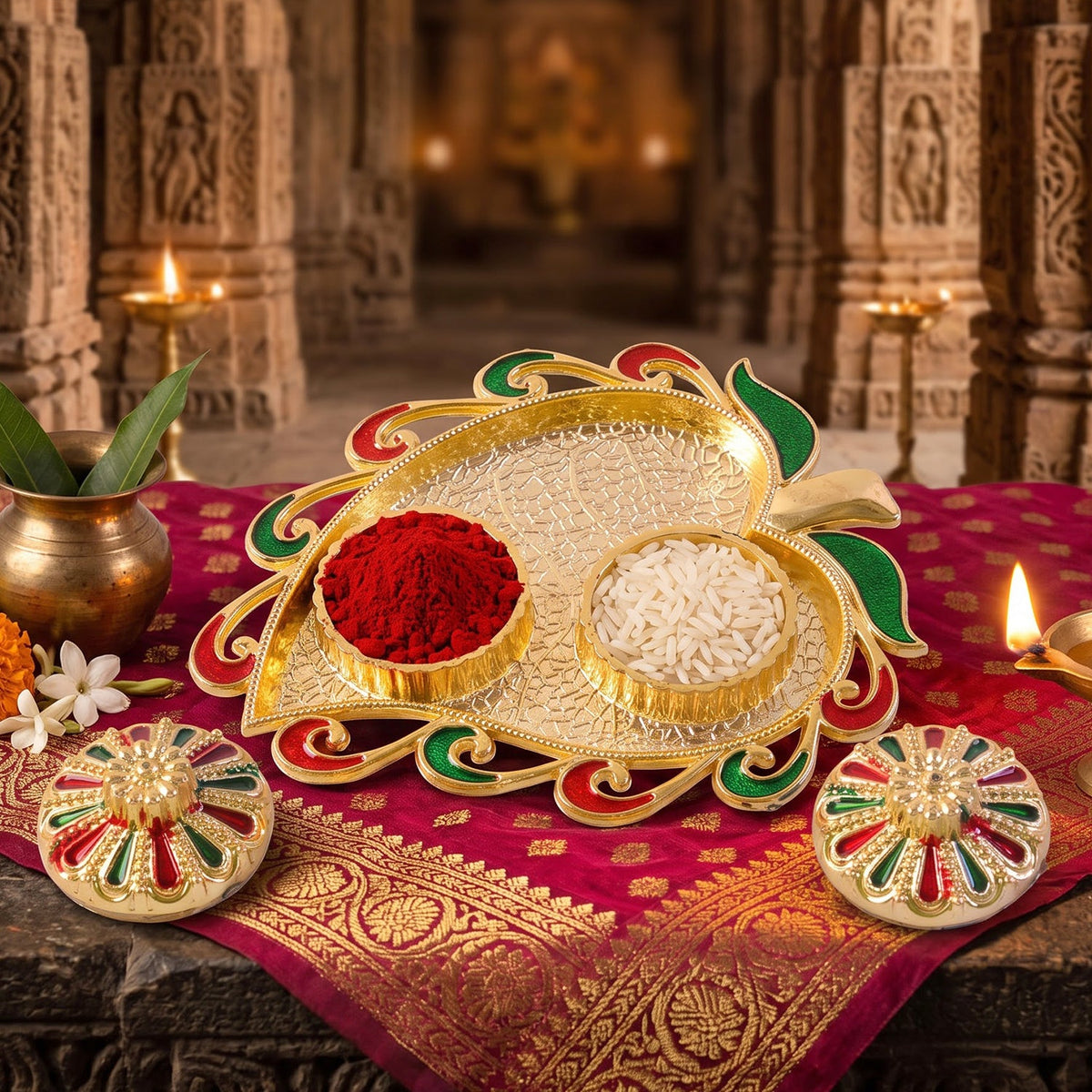 Leaf Shape Golden Kankavati Kumkum Holder with Enamel Lids