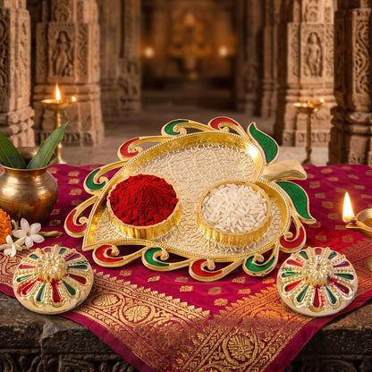 Leaf Shape Golden Kankavati Kumkum Holder with Enamel Lids