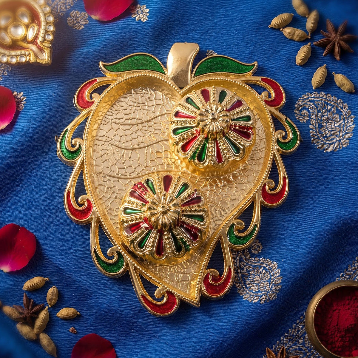 Leaf Shape Golden Kankavati Kumkum Holder with Enamel Lids