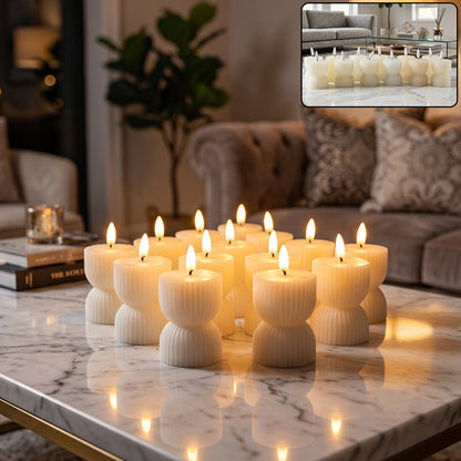 Twelve cream ribbed flameless candles with lit wicks arranged on a white marble table in a living room.