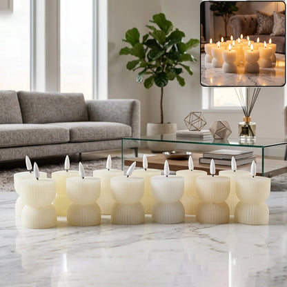 A dozen cream ribbed flameless candles with bright wicks are arranged on a marble floor, with a small inset image.