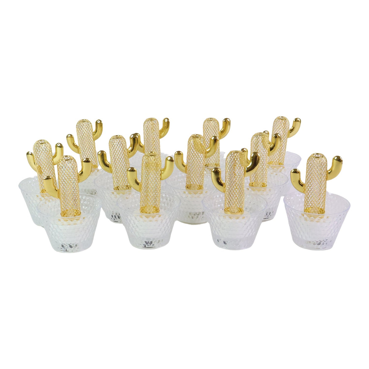 Twelve gold cactus LED tealights with clear textured bases are arranged in rows on a plain white background.