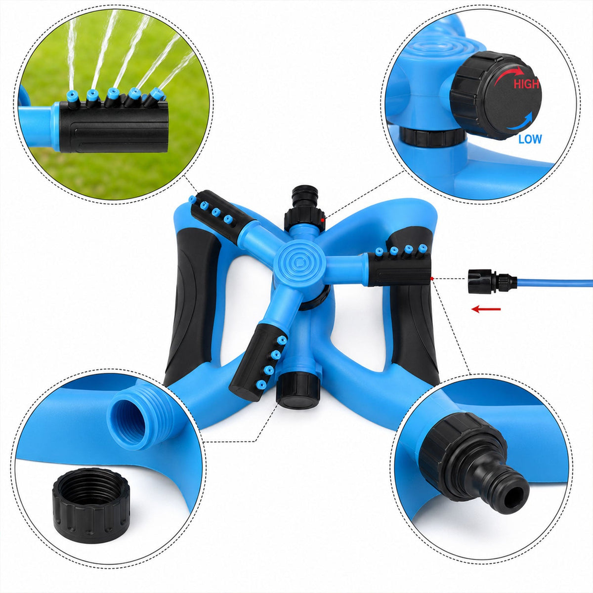 A blue and black sprinkler with detailed insets showing the nozzle, flow control, hose connection, and base.