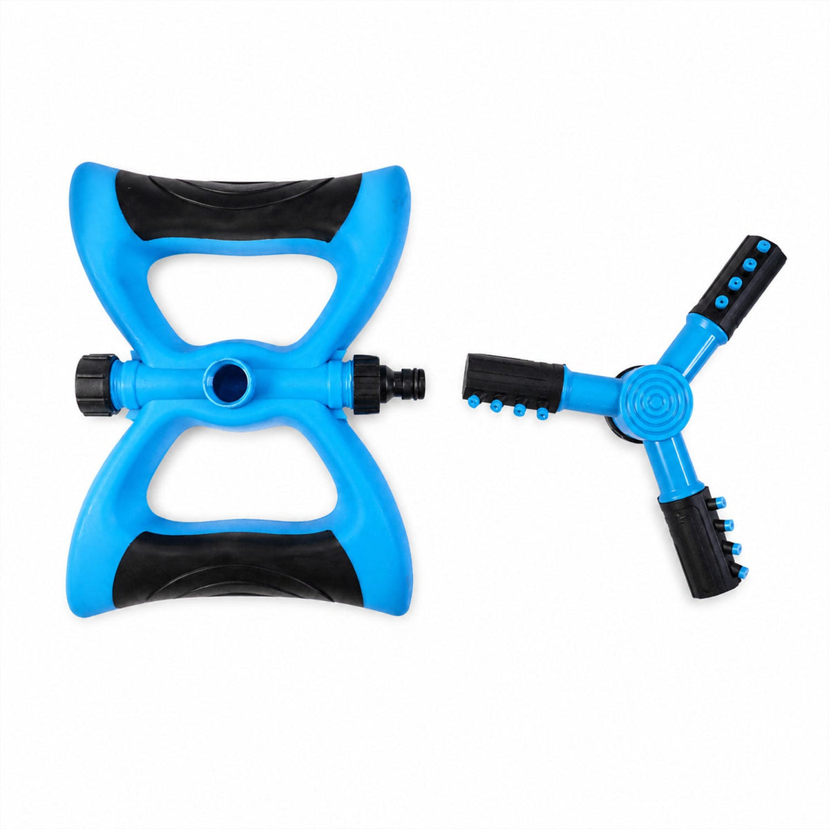 The blue and black sprinkler disassembled into its two main parts on a clean white background.