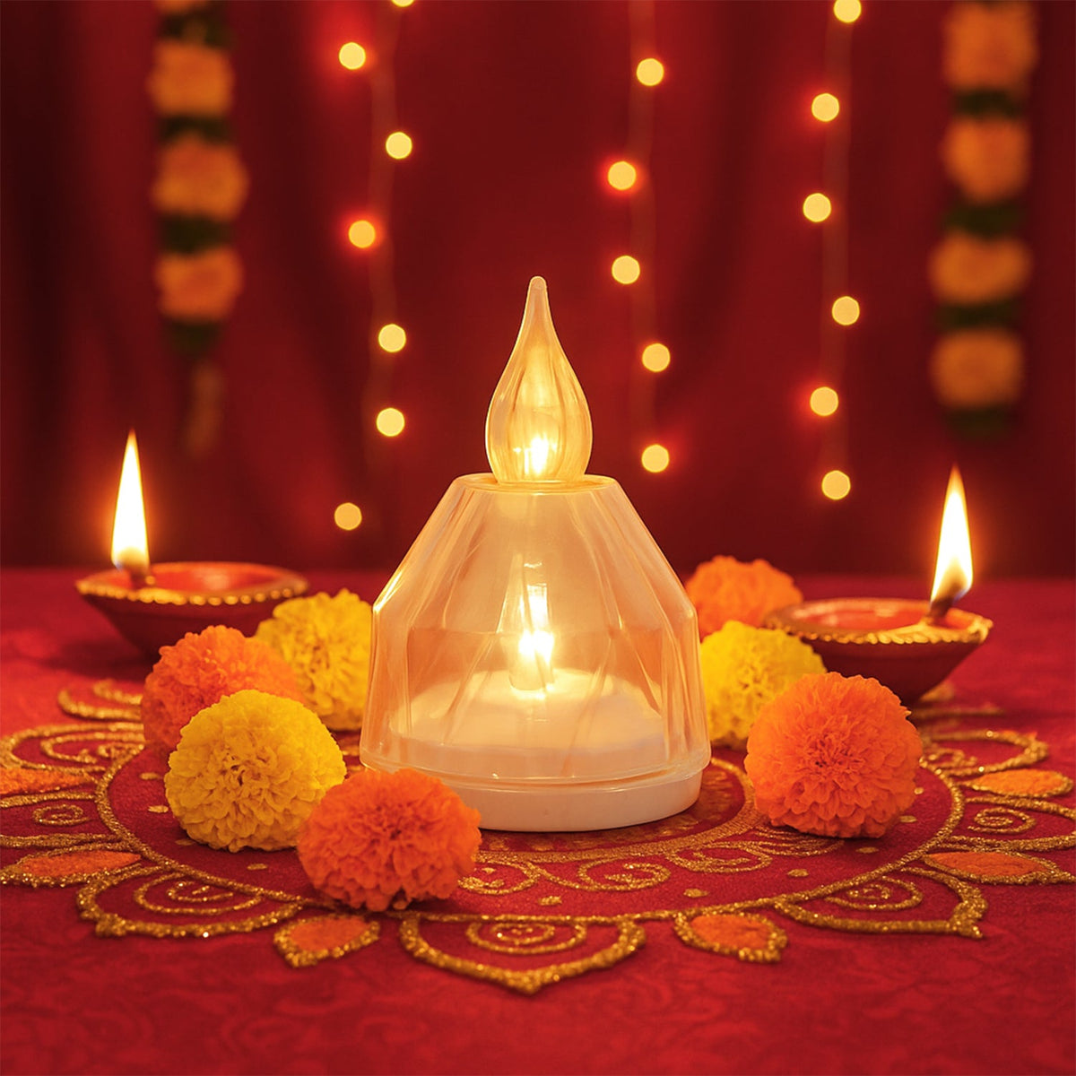 A single clear LED diya surrounded by orange and yellow marigolds, with traditional clay diyas and string lights.