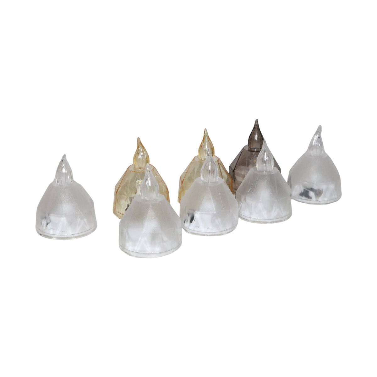 Seven clear and amber crystal-style LED diyas arranged in a cluster on a plain white background.