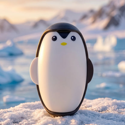 A black and white penguin lint roller stands on a snowy surface with icebergs and mountains in the background at sunset.