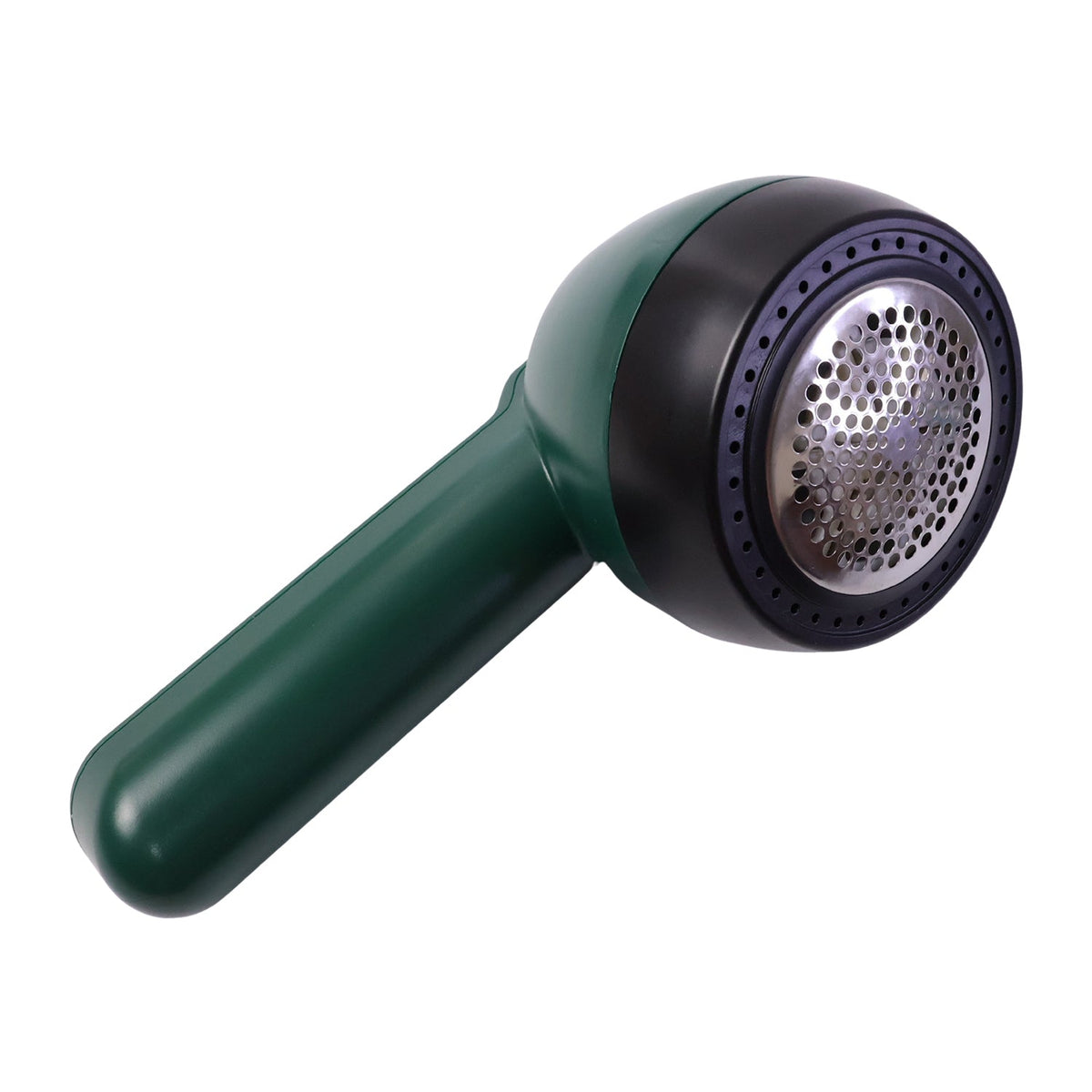 A dark green and black lint remover with a silver mesh head is angled on a white background.