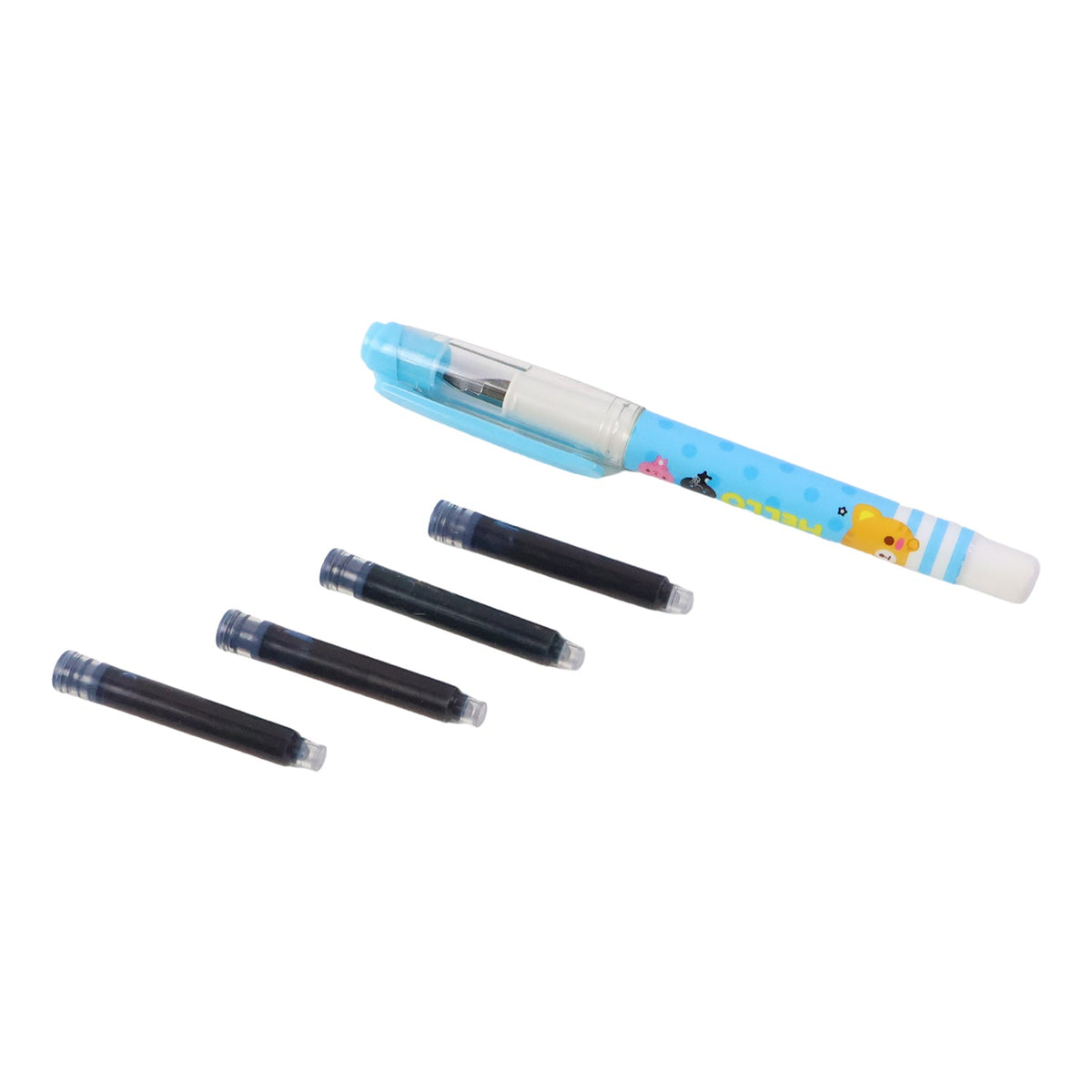 A light blue cartoon animal fountain pen with four black ink cartridges on a white background.