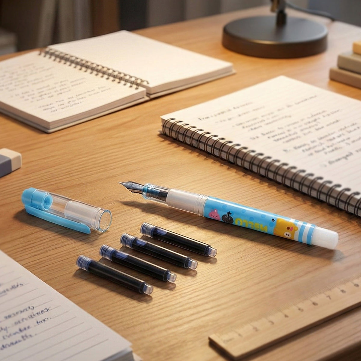 A light blue cartoon animal fountain pen with four black ink cartridges on a wooden desk with notebooks.