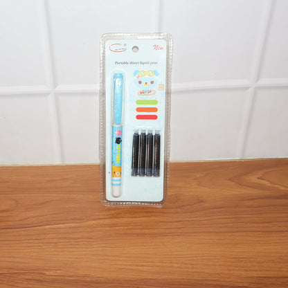 A light blue cartoon animal fountain pen with four black ink cartridges in clear plastic packaging.